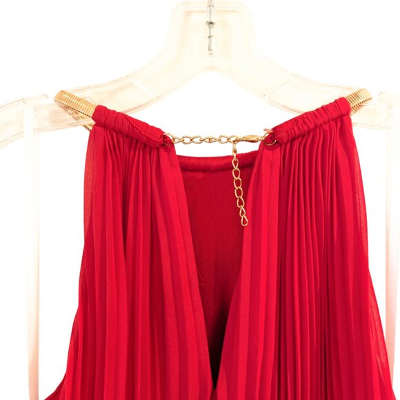 XSCAPE by Joanna Chen Chiffon Accordion Blouson Dress 14 Red Pleated Gold Collar - Picture 8 of 13